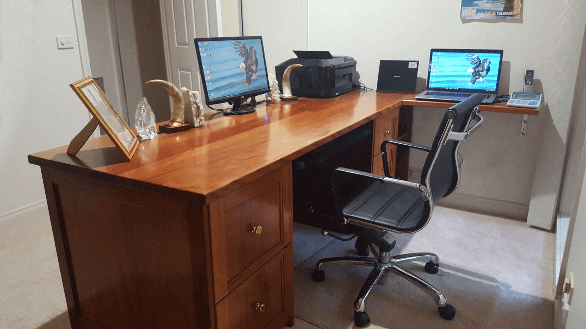 Solid Myrtle timber desk coated with clear 2 pack