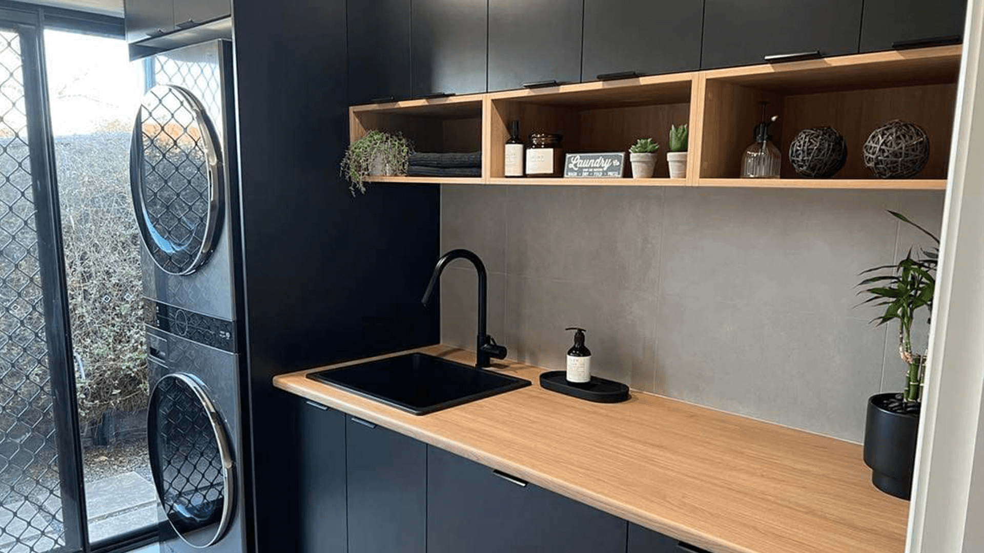 Black Laminate Cupboards with Timber Grain Laminate Top & Open shelves